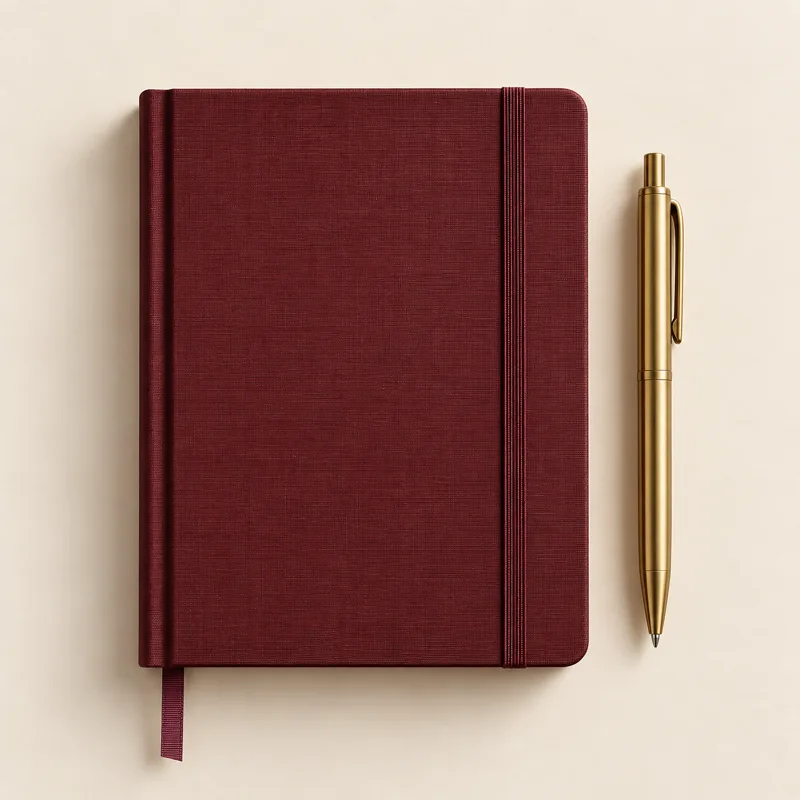 Bordo defter ve pirinç kalem