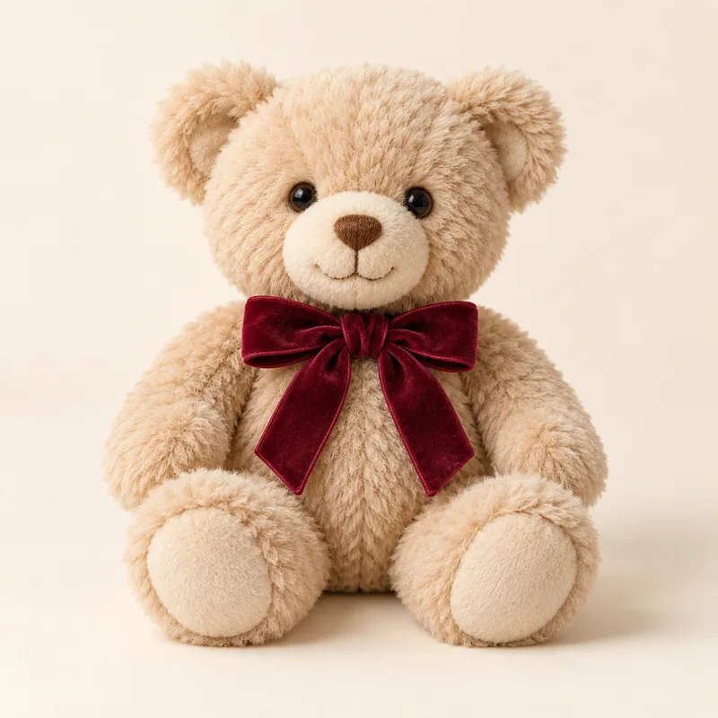 Bordo fiyonklu bej peluş ayıcık