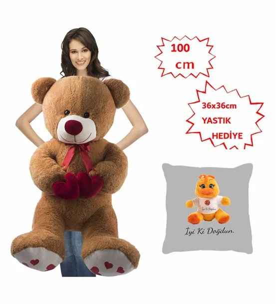 100 Cm Bobo Kahve Peluş Ayı Yastık Ördek Hediyeli